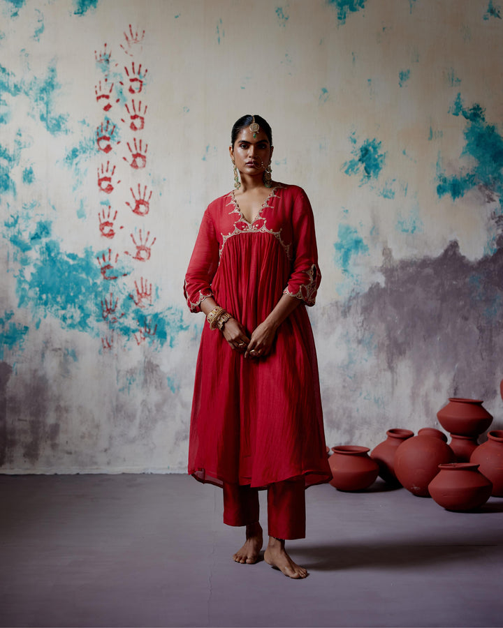 red gather kurta set