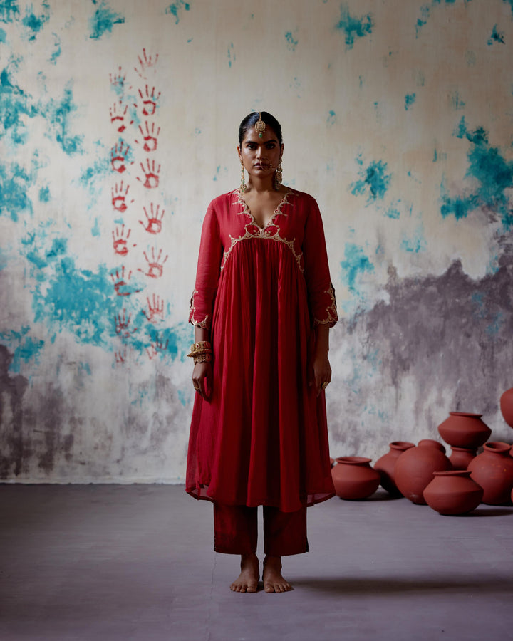 red gather kurta set
