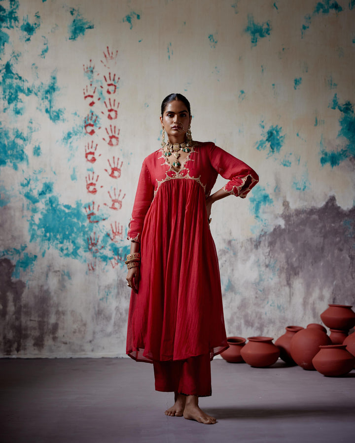red gather kurta set