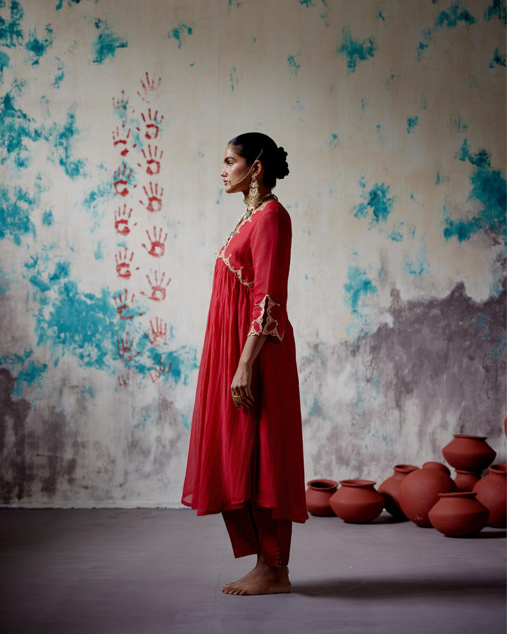 red gather kurta set