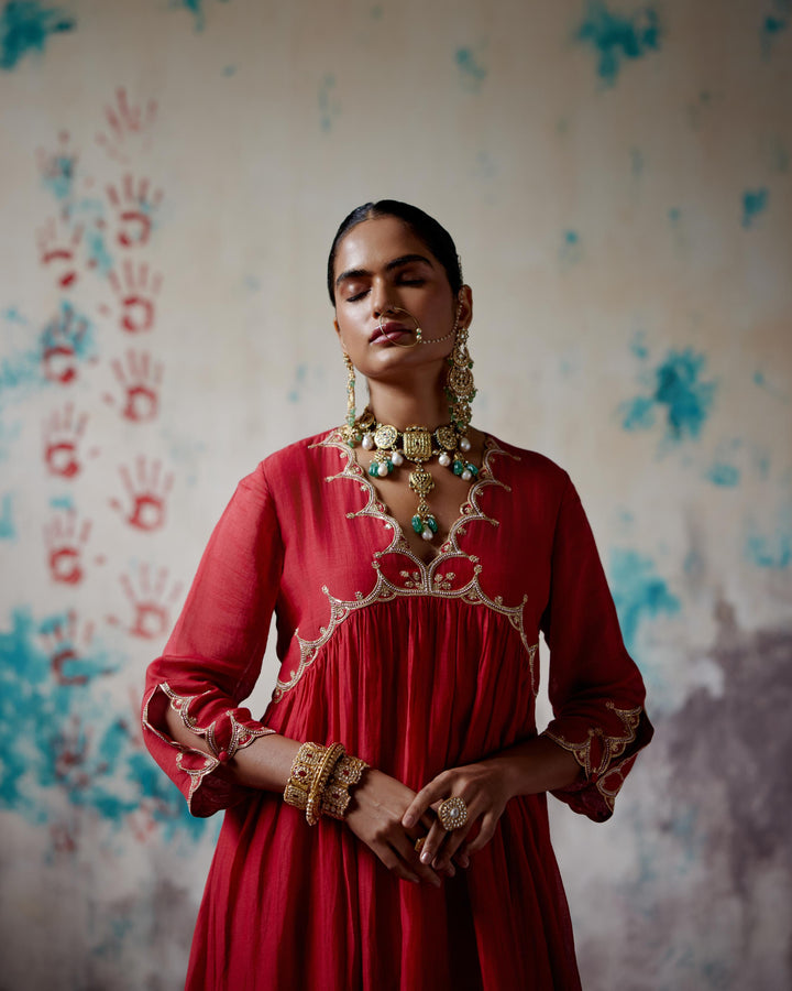 red gather kurta set