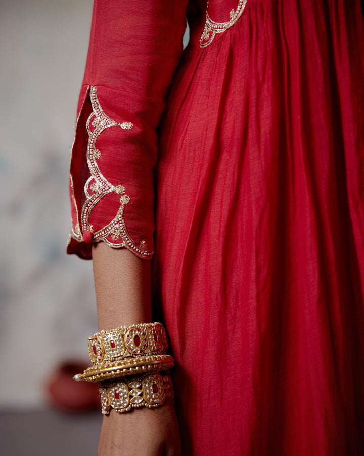 red gather kurta set