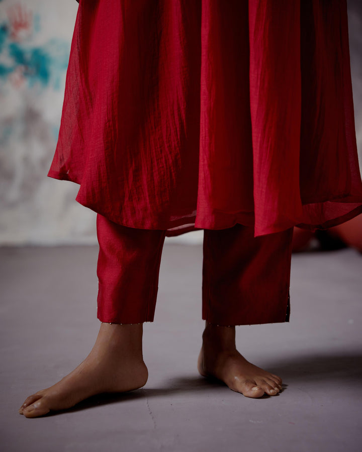 red gather kurta set