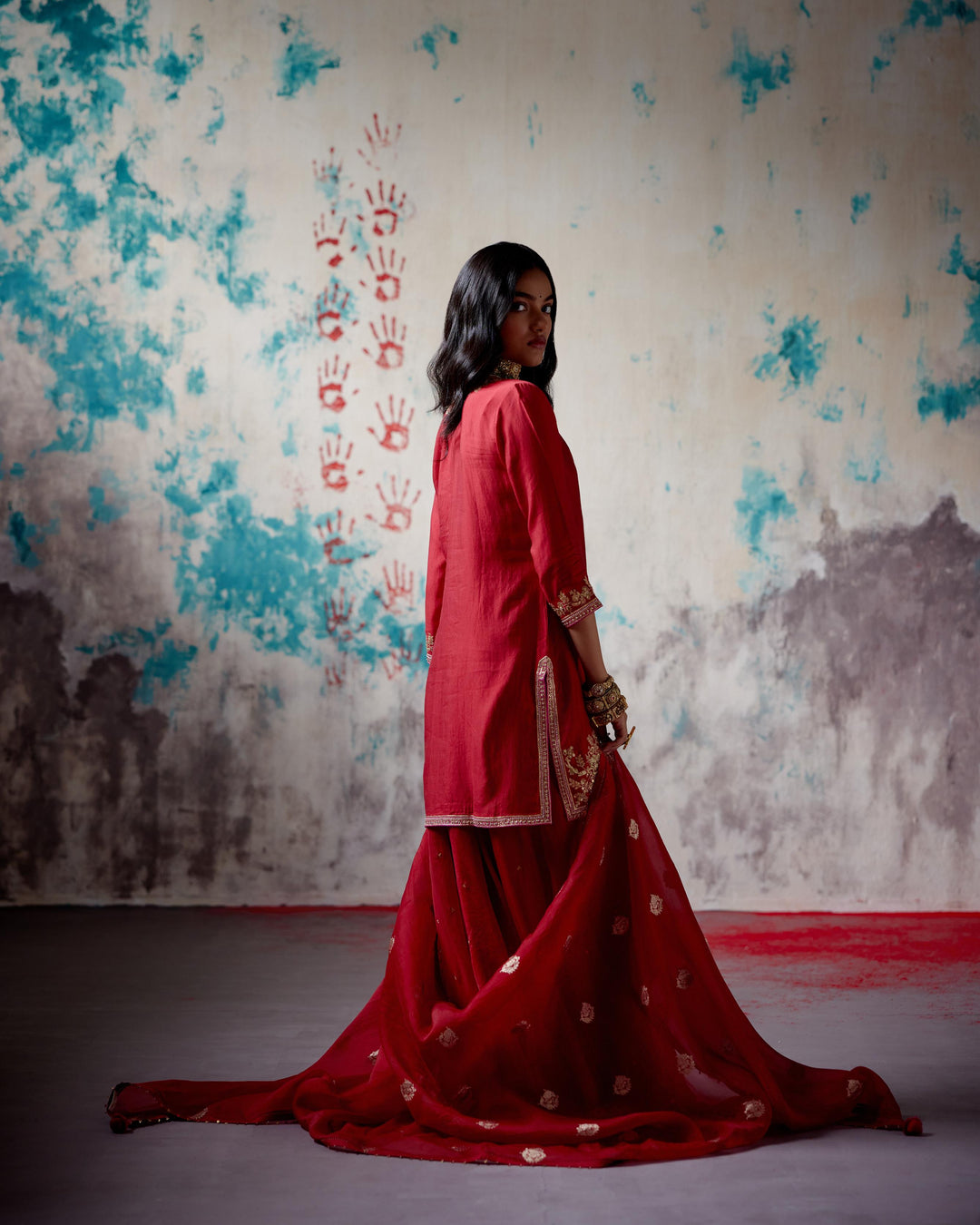 red short kurta sharara set