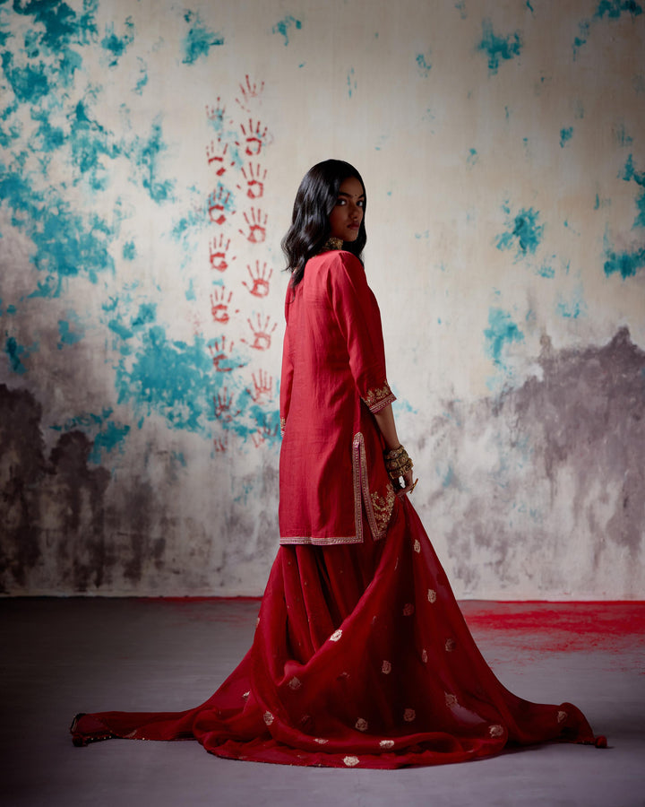 red short kurta sharara set