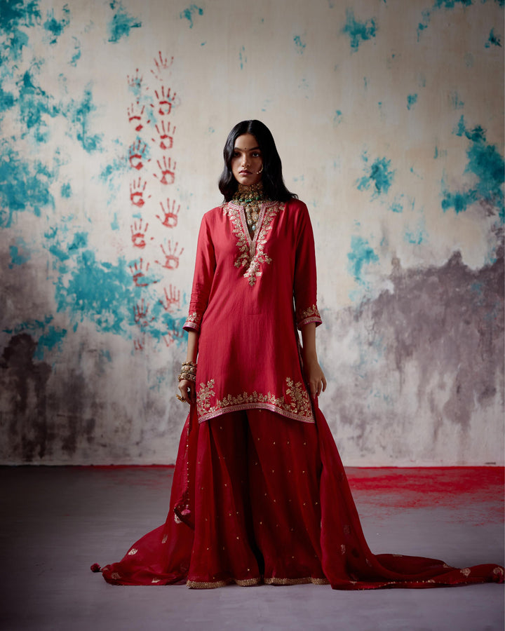 red short kurta sharara set