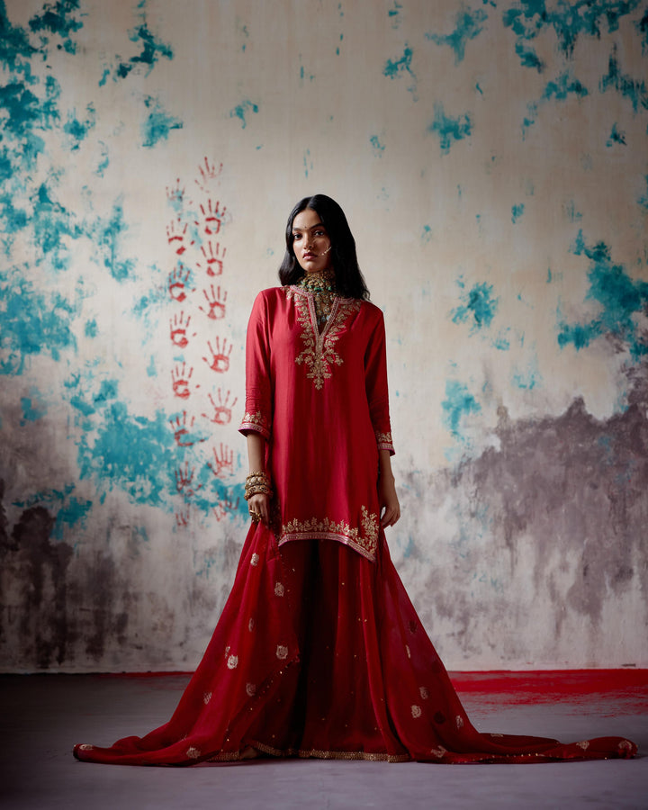 red short kurta sharara set