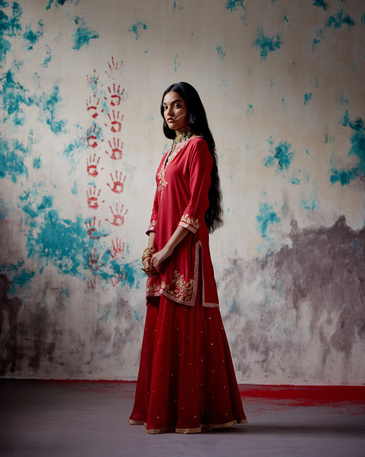red short kurta sharara set