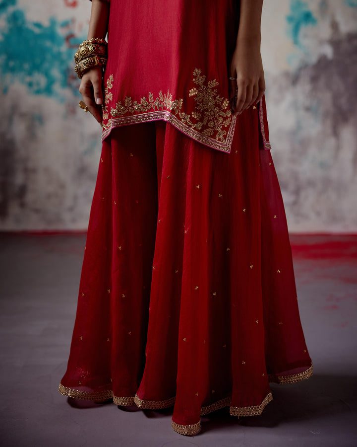 red short kurta sharara set
