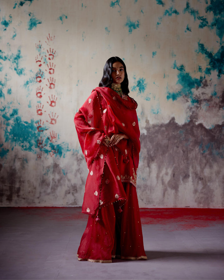 red short kurta sharara set