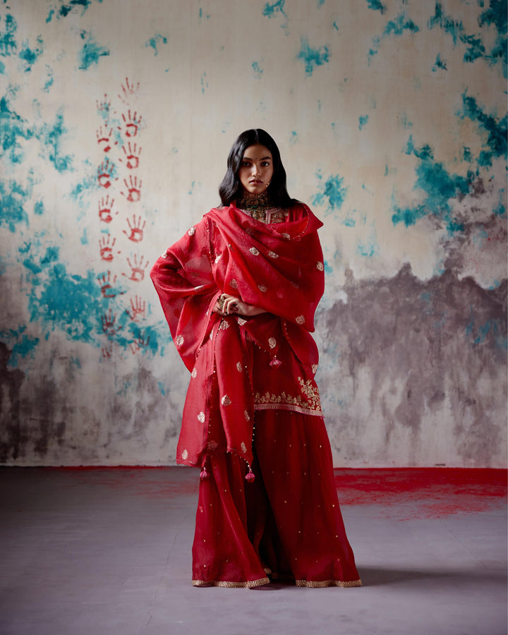 red short kurta sharara set