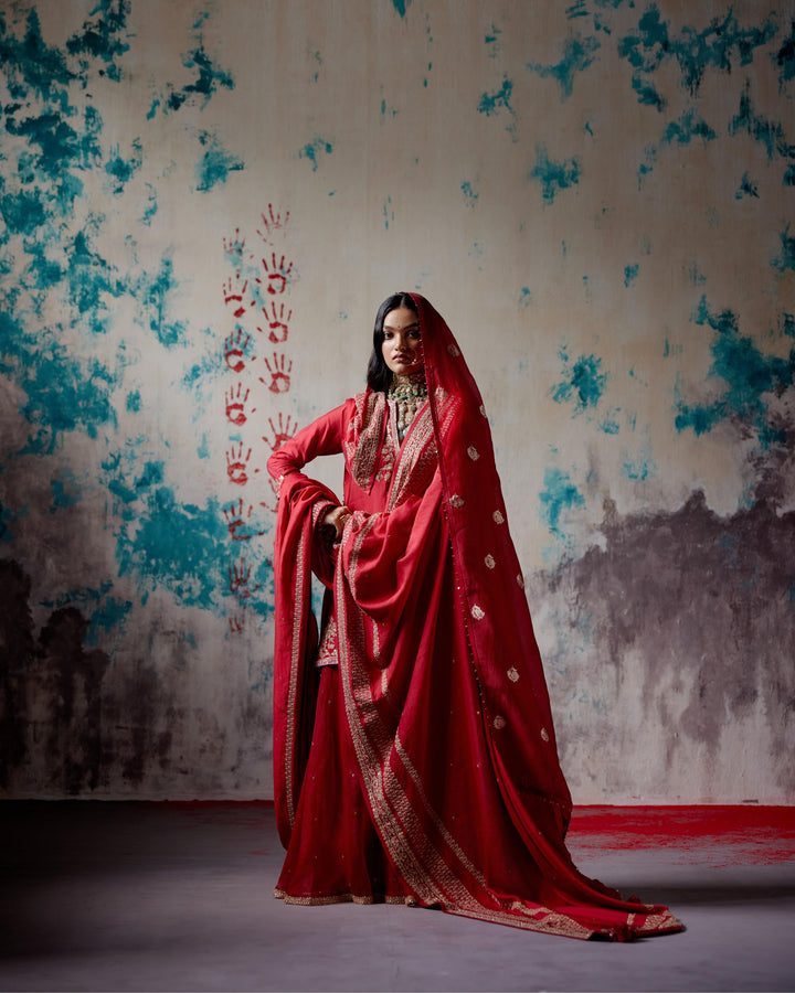 red short kurta sharara set