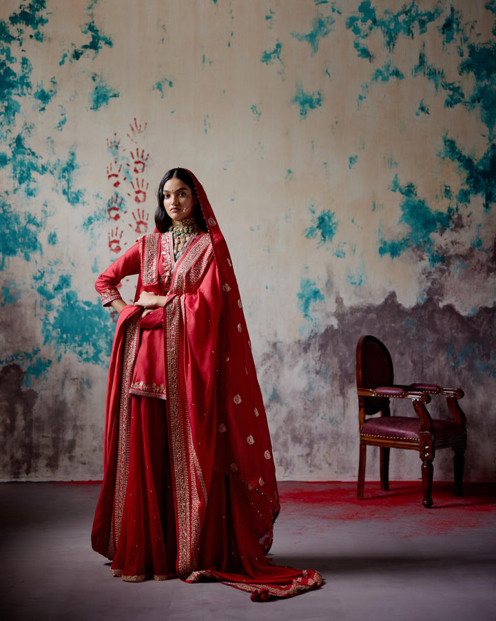 red short kurta sharara set
