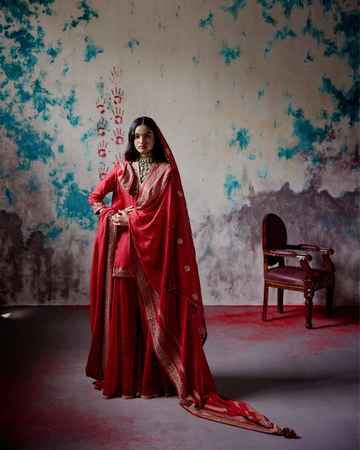 red short kurta sharara set