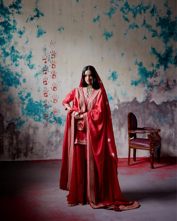 red short kurta sharara set