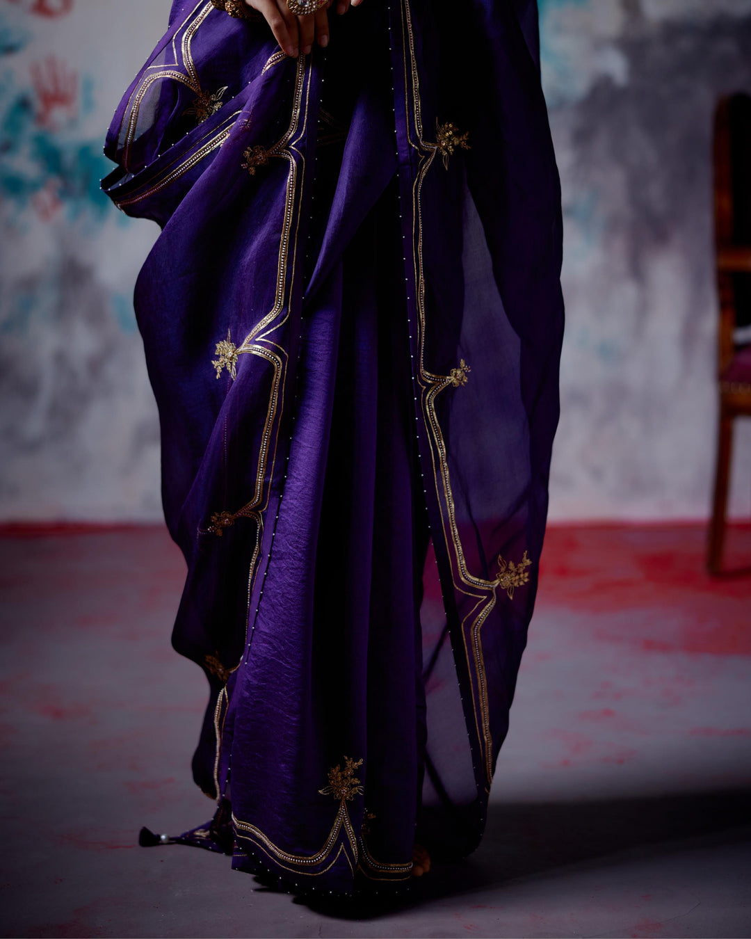 purple half and half saree with blouse
