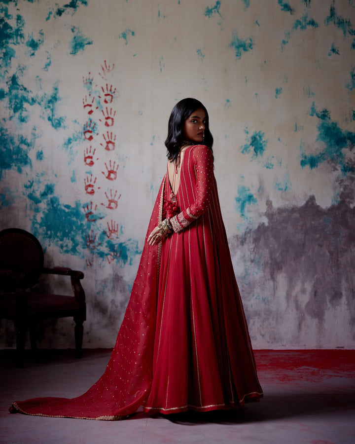 red kallidhar anarkali set