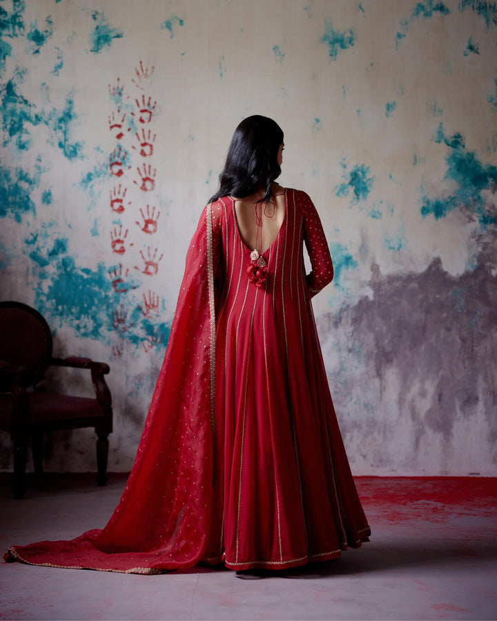 red kallidhar anarkali set