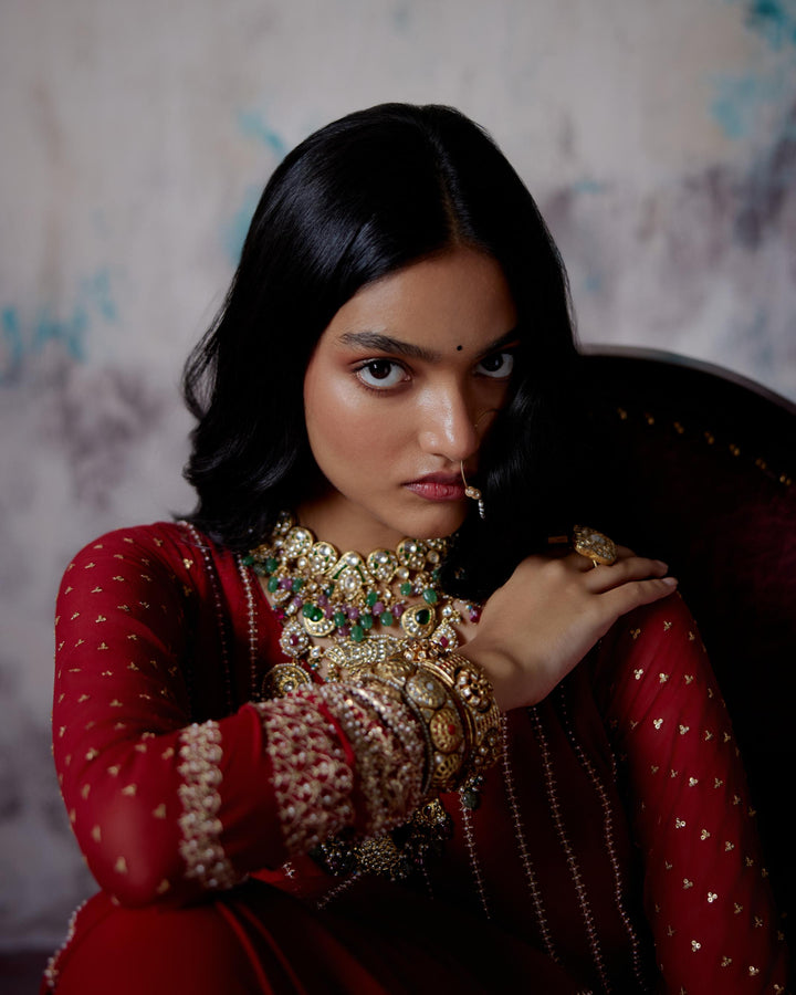 red kallidhar anarkali set