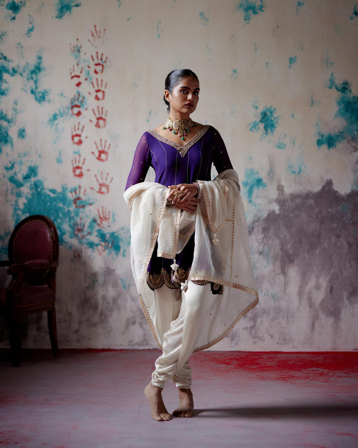 purple short anarkali dhoti set