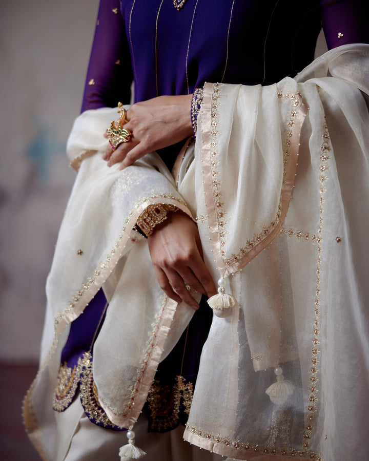 purple short anarkali dhoti set