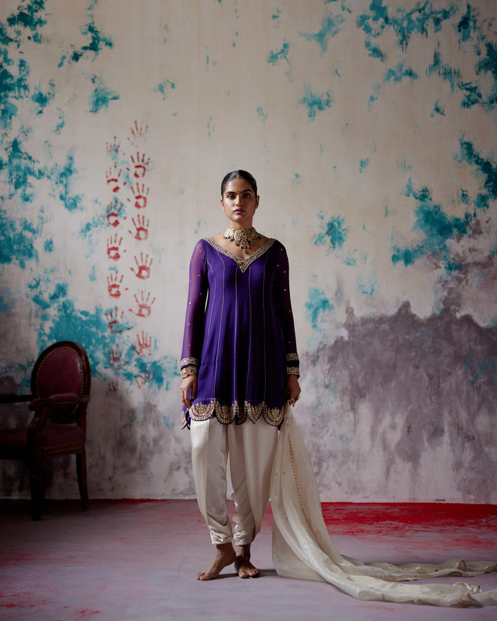 purple short anarkali dhoti set