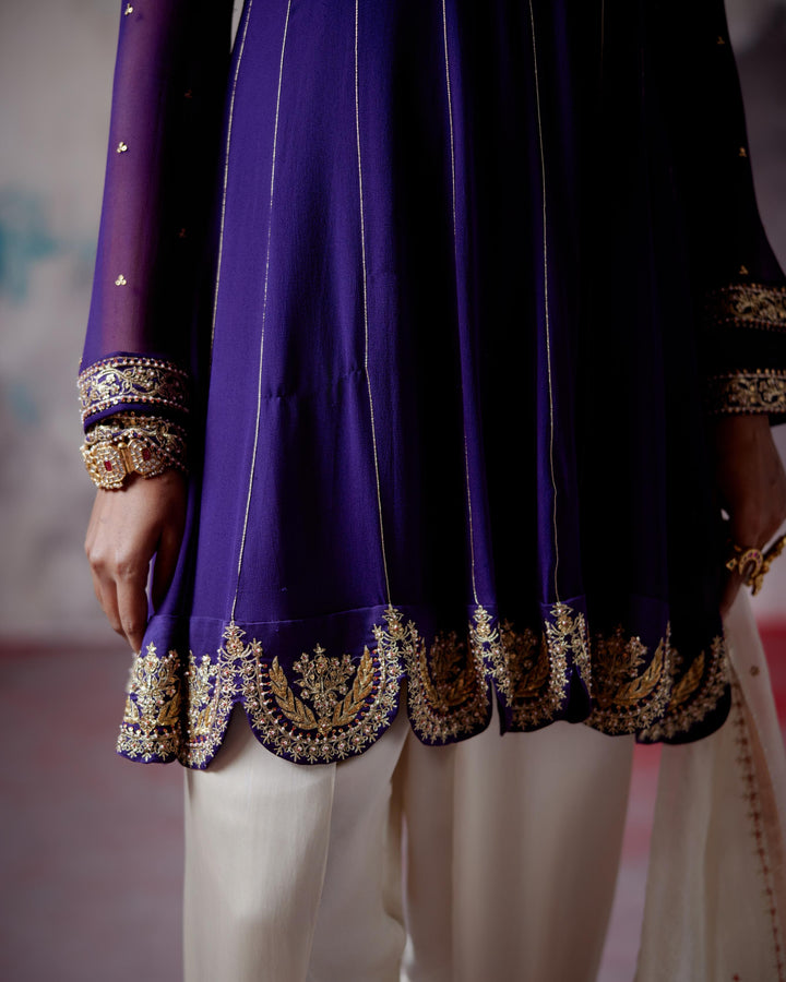 purple short anarkali dhoti set
