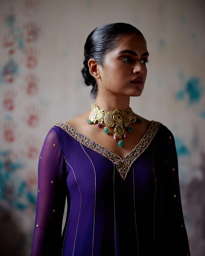 purple short anarkali dhoti set