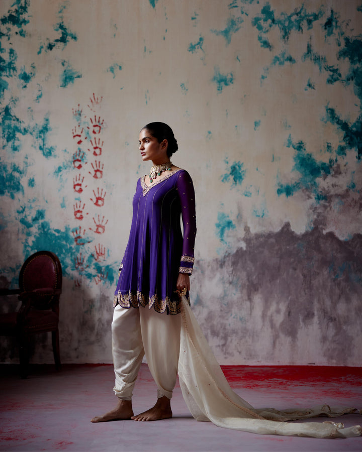 purple short anarkali dhoti set