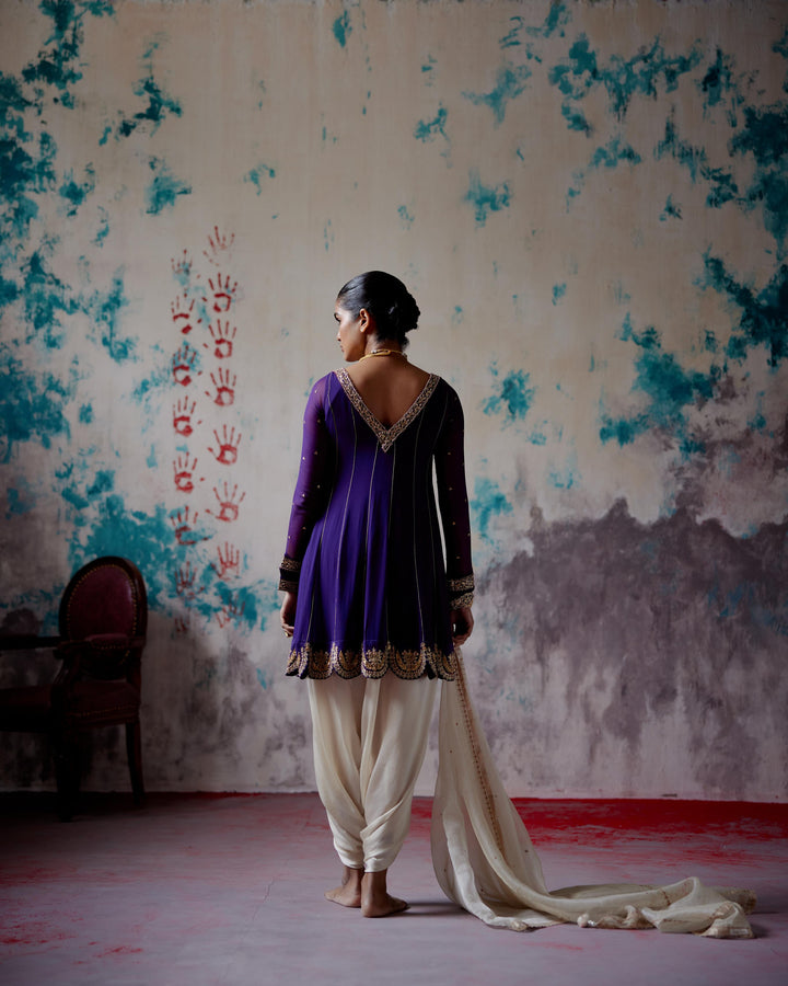purple short anarkali dhoti set