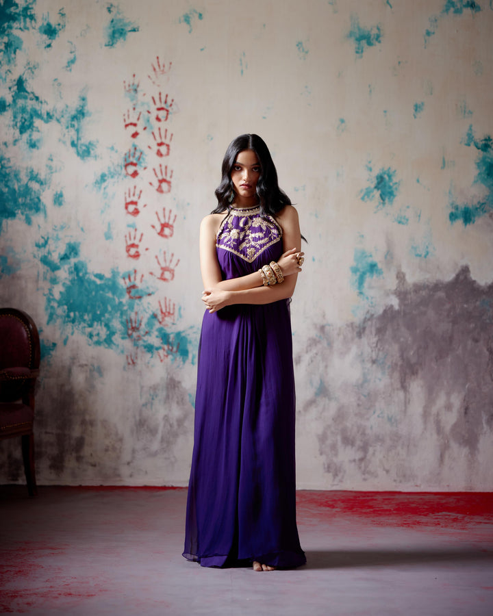 purple halter neck dress