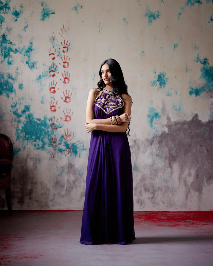 purple halter neck dress