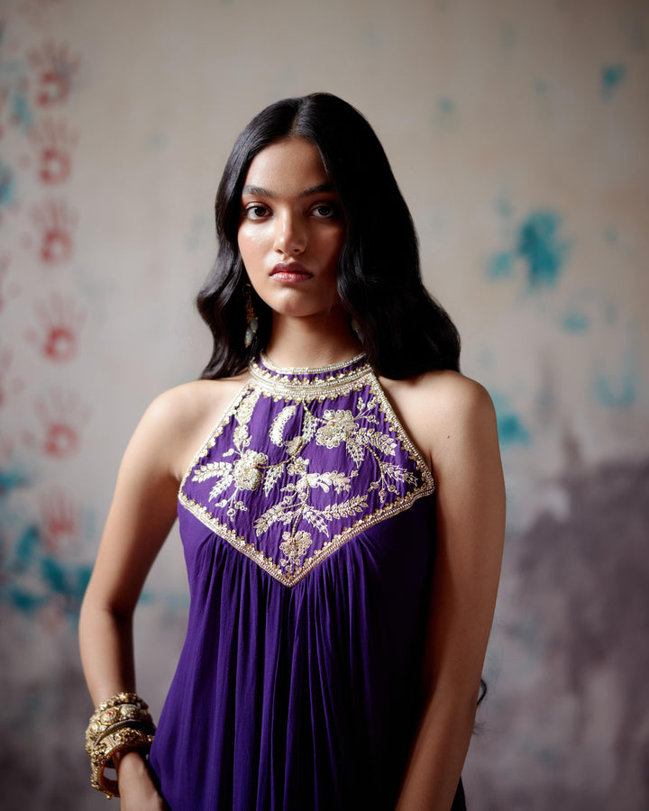 purple halter neck dress