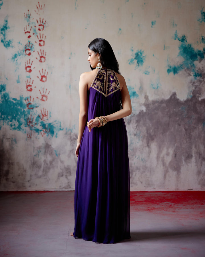 purple halter neck dress