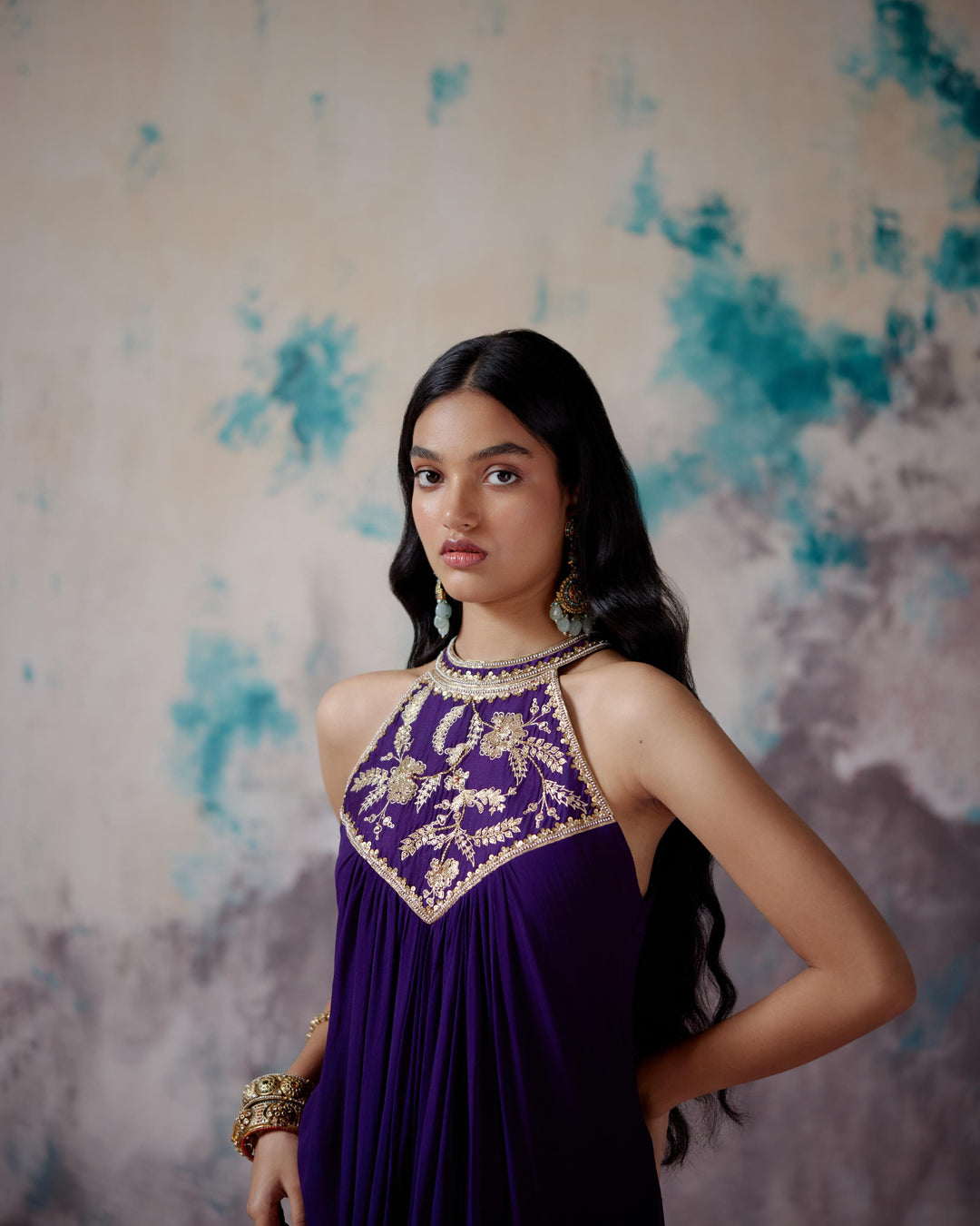 purple halter neck dress