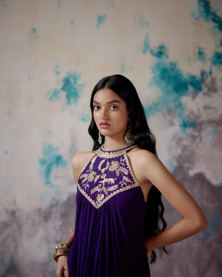 purple halter neck dress