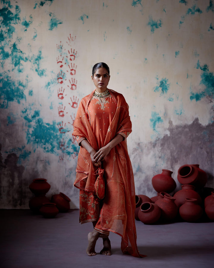 rust orange panelled straight kurta set