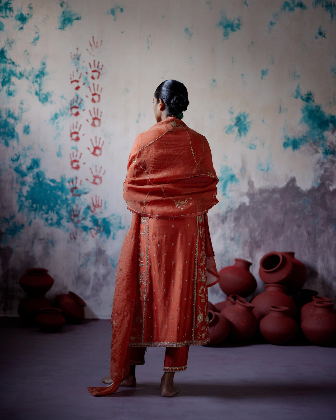 rust orange panelled straight kurta set