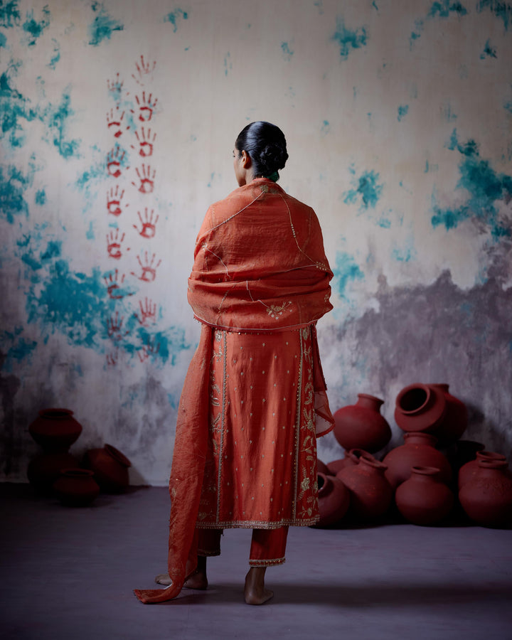 rust orange panelled straight kurta set