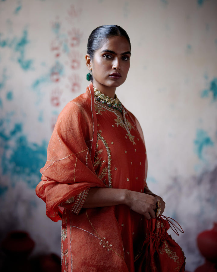 rust orange panelled straight kurta set