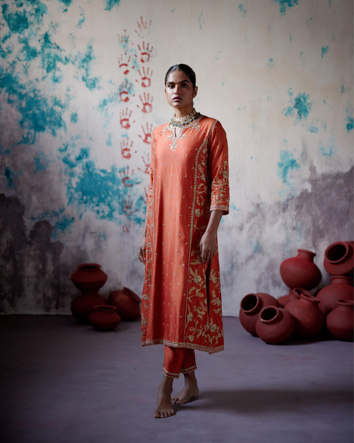 rust orange panelled straight kurta set