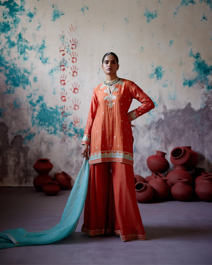rust orange short kurta sharara set