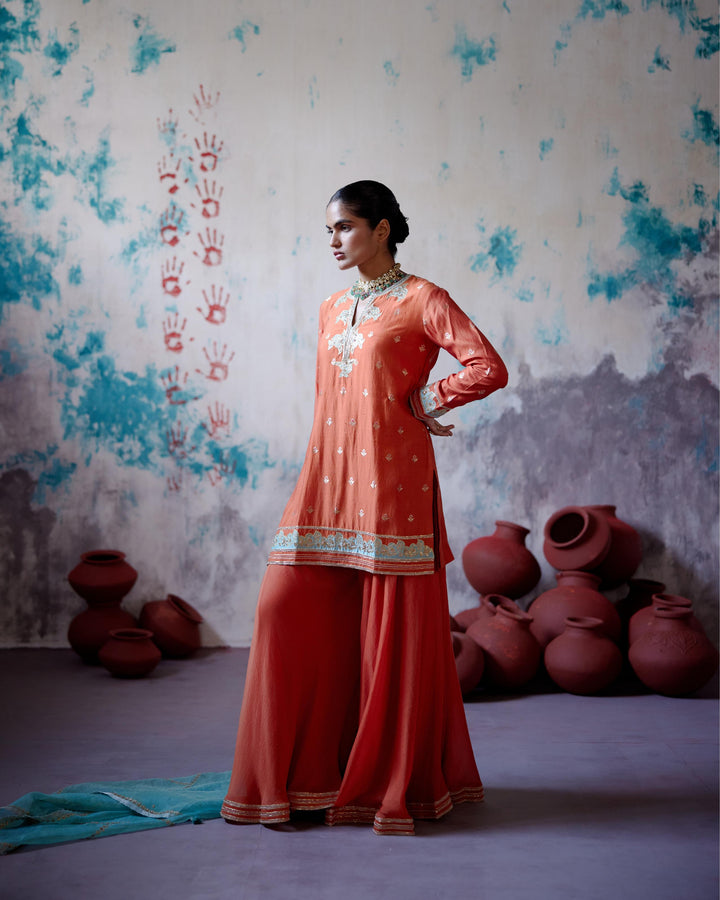 rust orange short kurta sharara set