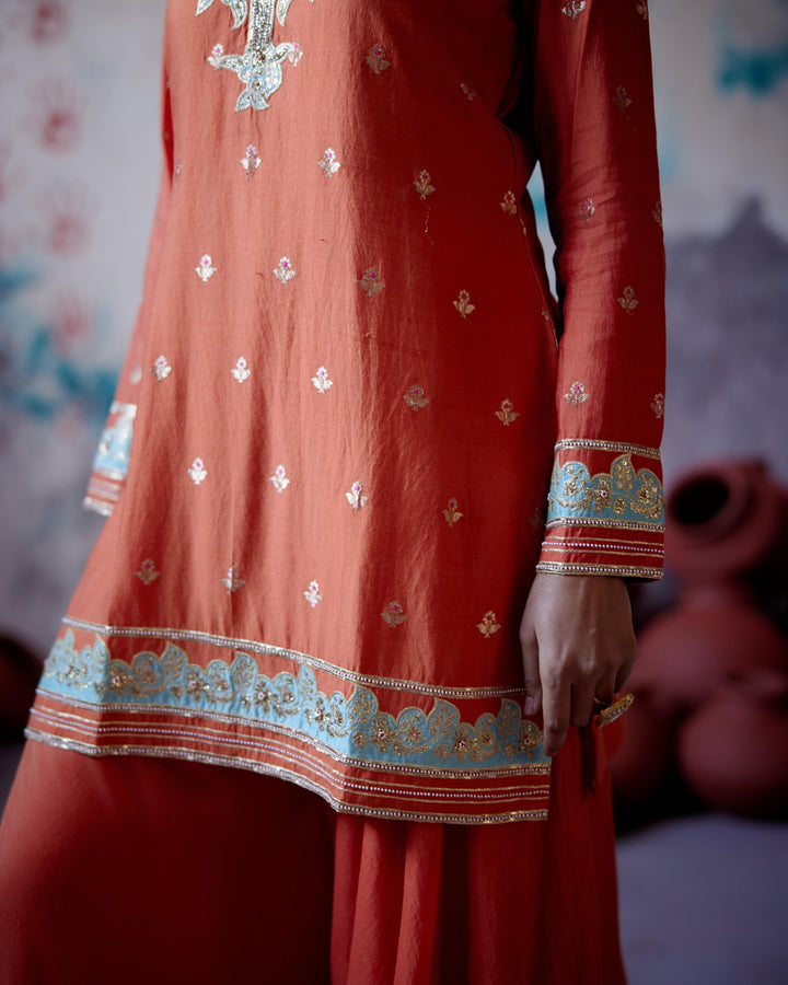 rust orange short kurta sharara set