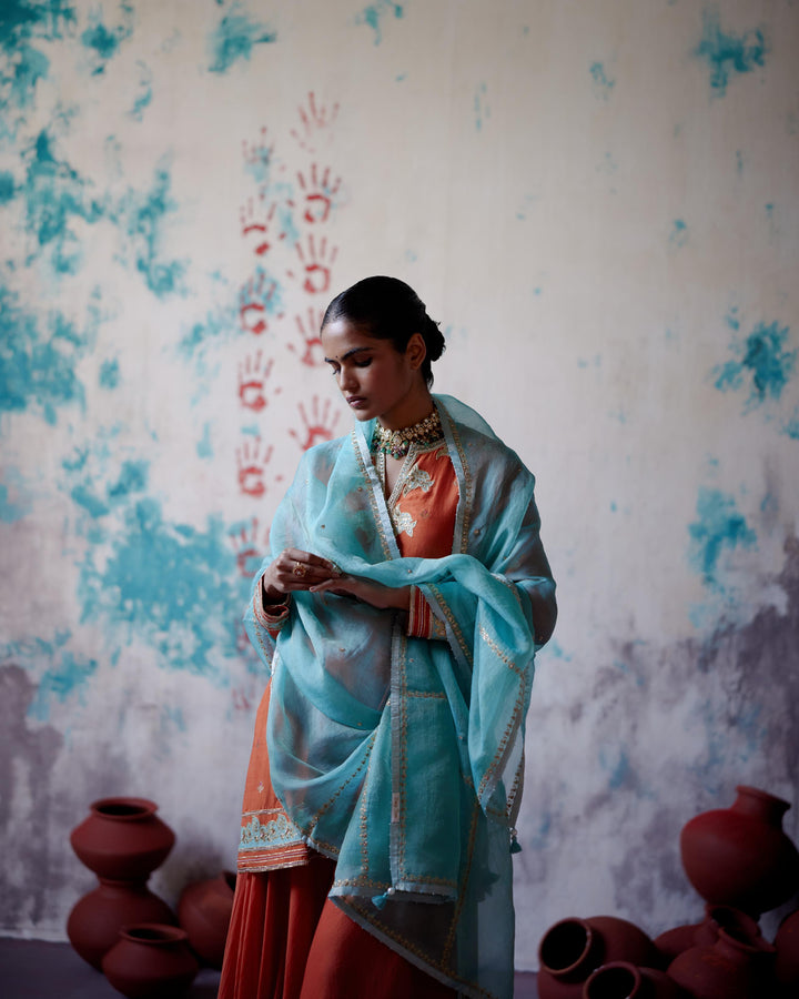rust orange short kurta sharara set