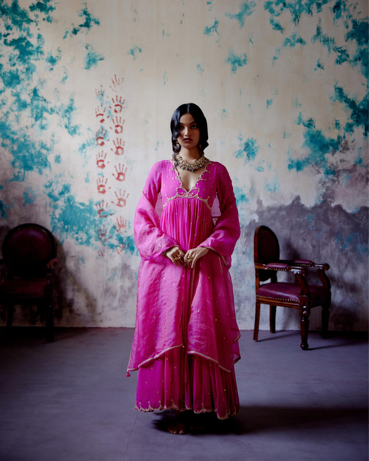 fuchsia pink gather anarkali set