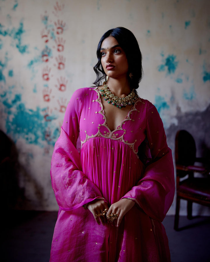 fuchsia pink gather anarkali set