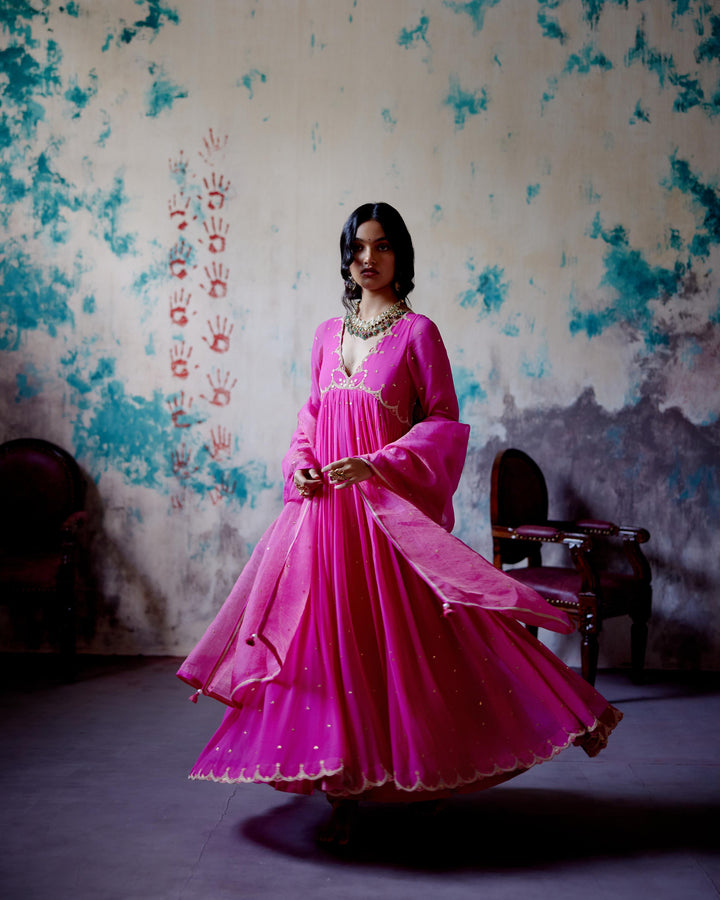 fuchsia pink gather anarkali set