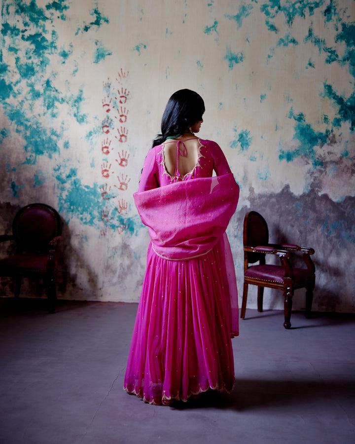 fuchsia pink gather anarkali set