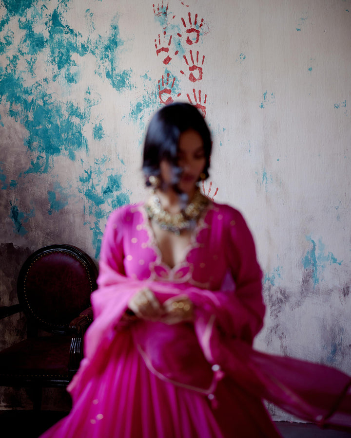 fuchsia pink gather anarkali set